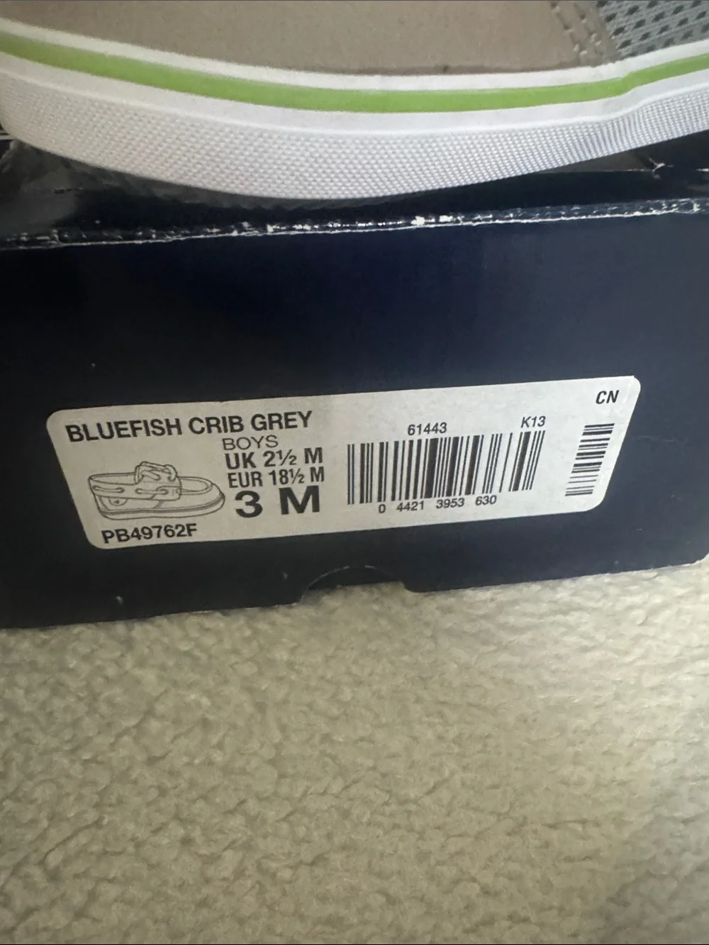 Sperry Grey & White Baby Boat Shoes with Green Accent